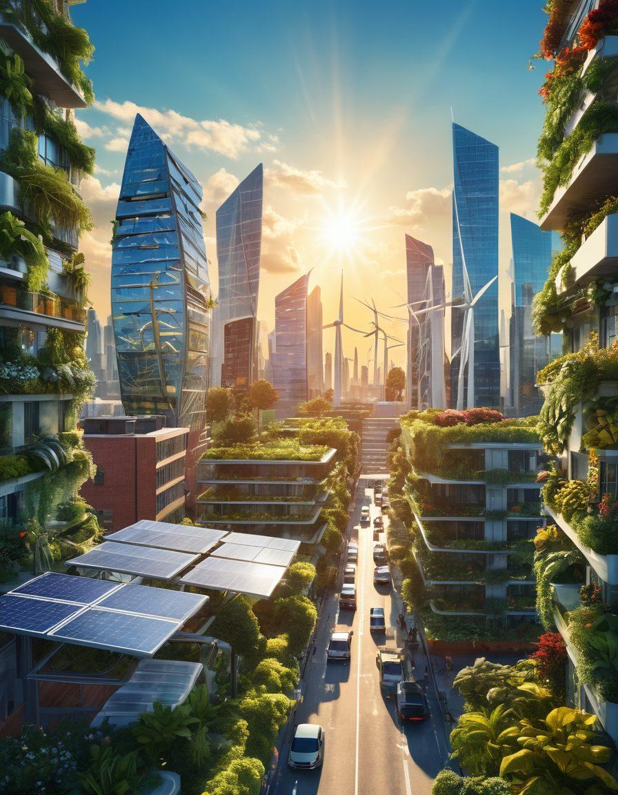 A thriving city skyline with lush vertical gardens and solar panels on rooftops, representing sustainability. Include diverse people engaging in community energy projects, like wind turbines and green public transport. The foreground should feature greenery and clean energy symbols merging with the urban landscape. The sky is bright blue with a glowing sun to signify hope for a sustainable future. vibrant colors. super-realistic.