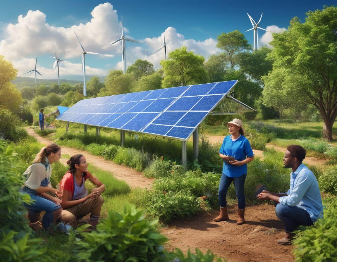 A vibrant community scene showcasing diverse individuals working together on eco-friendly energy projects. Include solar panels, wind turbines, and lush greenery, with people of various ages planting trees and discussing renewable energy. The sky should be bright blue with fluffy clouds, conveying a sense of hope and empowerment. Capture the essence of teamwork and innovation for a brighter, sustainable future. super-realistic. vibrant colors.