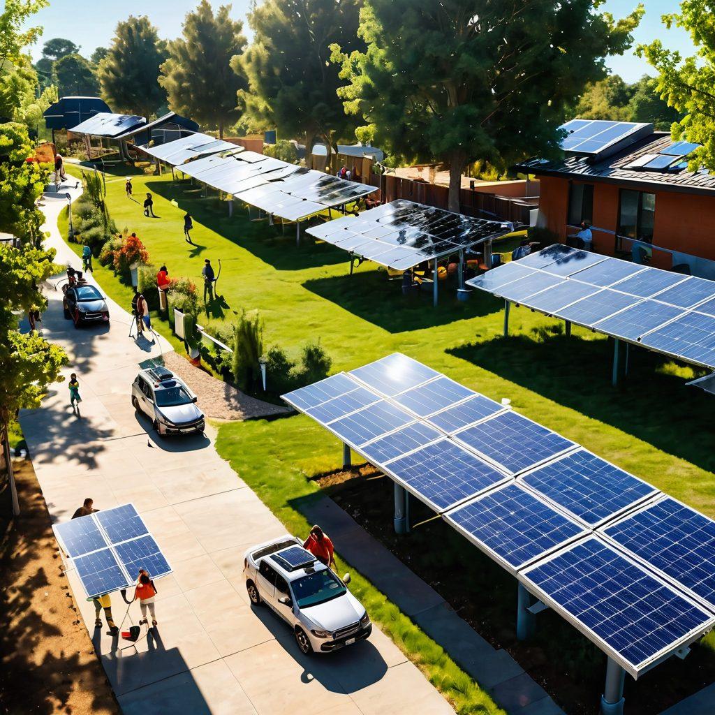 A vibrant community scene showcasing diverse people engaging in eco-friendly energy practices, like solar panels and wind turbines, with warm sunlight illuminating their faces. Include interactive workshops and children learning about renewable energy, all surrounded by lush greenery. Emphasize a sense of affection and unity among the community members. uplifting and warm color palette. super-realistic.